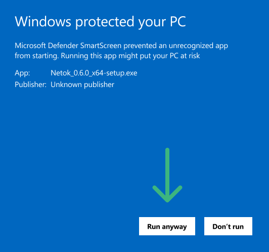 SmartScreen expanded — click Run anyway